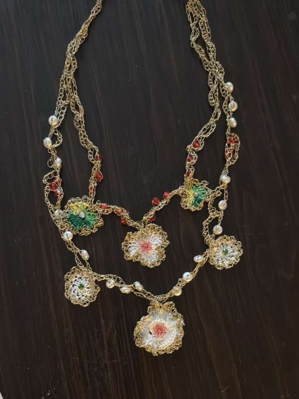 Gold-Tone Multi-Color Floral Crochet Necklace with Pearls
